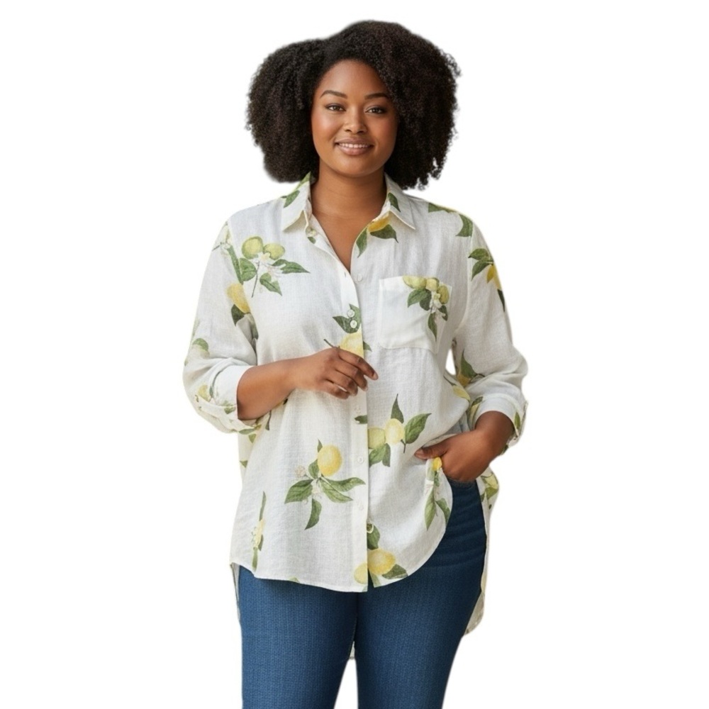 Linen Chico’s Lemon Print long sleeve Button-Up Shirt